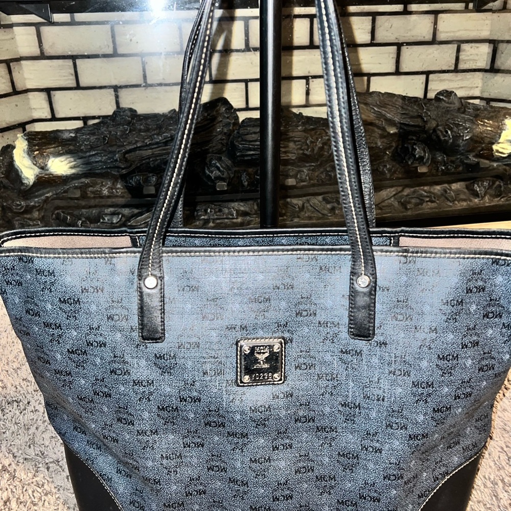 MCM Navy Blue/Black Visetos Coated Canvas and Leather Open Tote